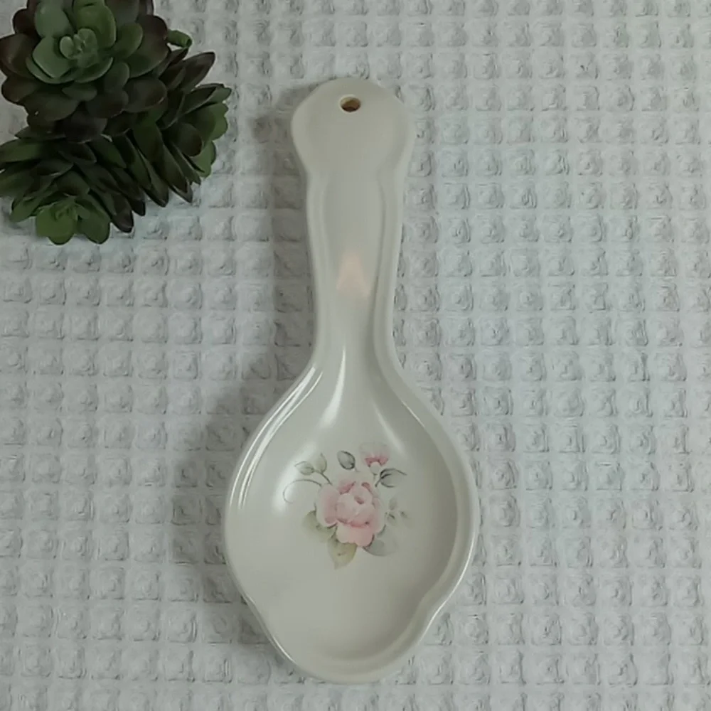 Pfaltzgraff White Stoneware Spoon Rest Tea Rose Pattern Pink Floral